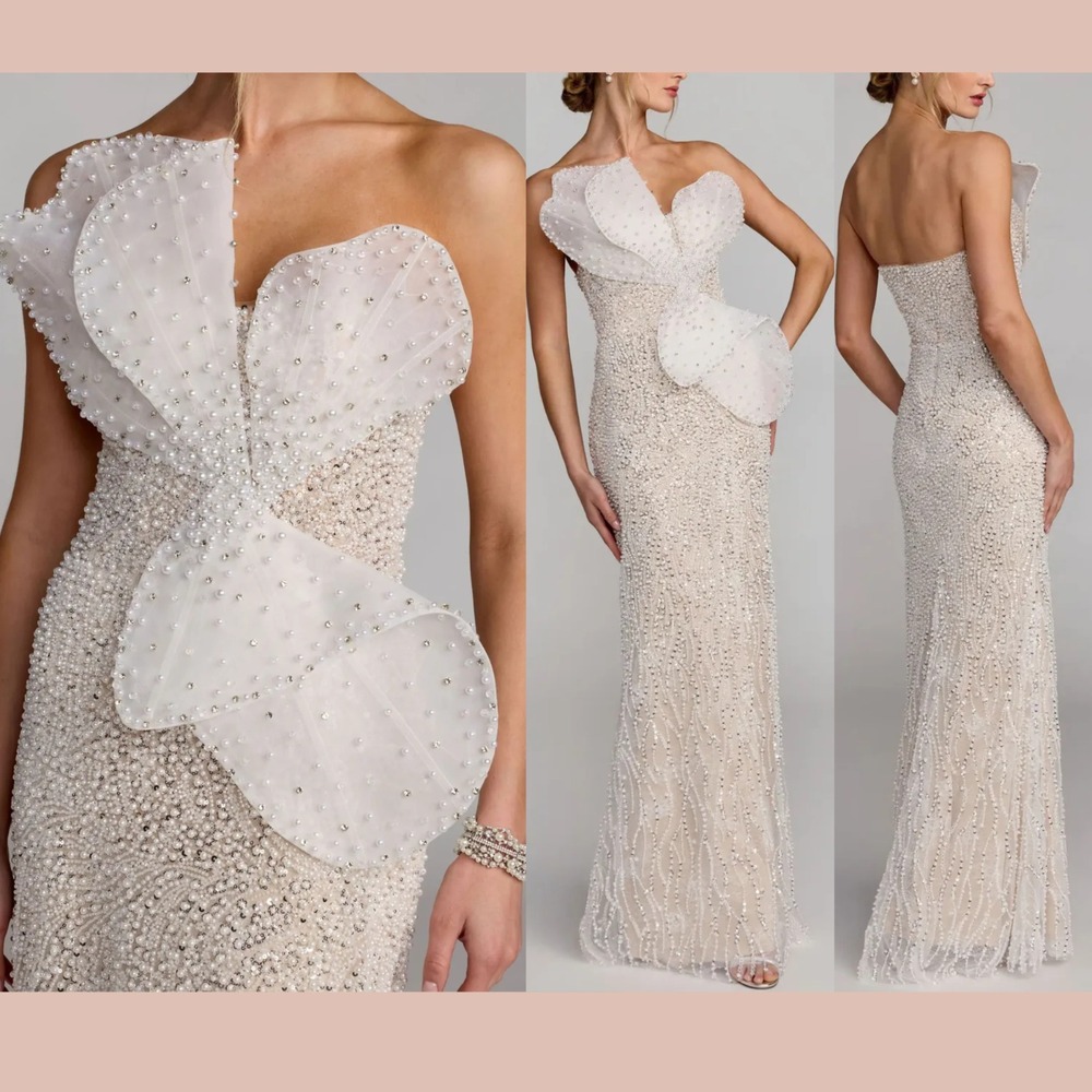 NWT MAC DUGGAL [ 4 ] 21275 PEARL Straples Embellished Column Gown 3D Petal J2440